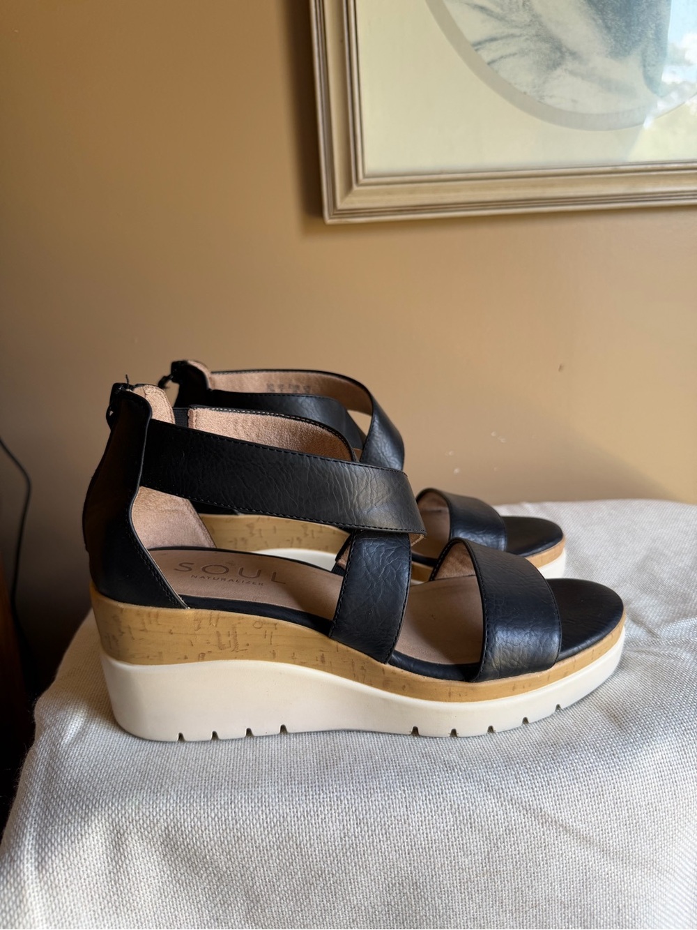 Wedge Sandals in Black with Cork Detail